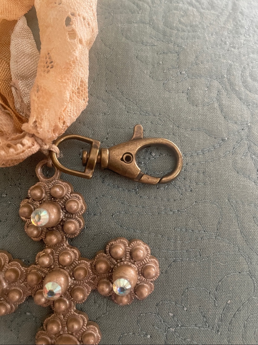 Boho Vintage Cross Pendant Necklace | Lace & Silk Ribbon Choker | Rhinestone - Picture 3 of 7